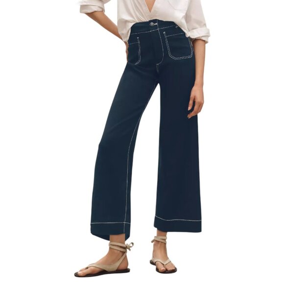 The Colette Contrast-Stitch Linen Crop Wide-Leg Pants by Maeve I Size: 30 - Picture 1 of 8